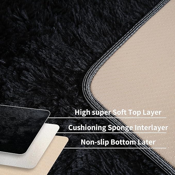 KICHOWUA Area Rug Black Fluffy Shag 5x7 for Bedroom, Ultra Soft Plush Fuzzy Washable Thickened Non-Slip Floor Carpet, Modern Cozy Furry Rug for Living Room Kids Baby Boys Girls Nursery Dorm