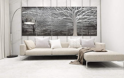 Yihui Arts Tree Metal Wall Art For Living Room Black Grey Silver Color Pictuers For Decor