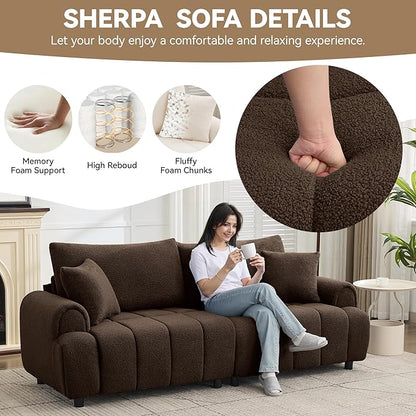 88 "Modern Boucle Sofa Couch, Oversized Comfy 3 Seater Sherpa Curved Sofas Deep Seat, Upholstered Loveseat Teddy Round Arm Couches for Living Room, Bedroom, Brown