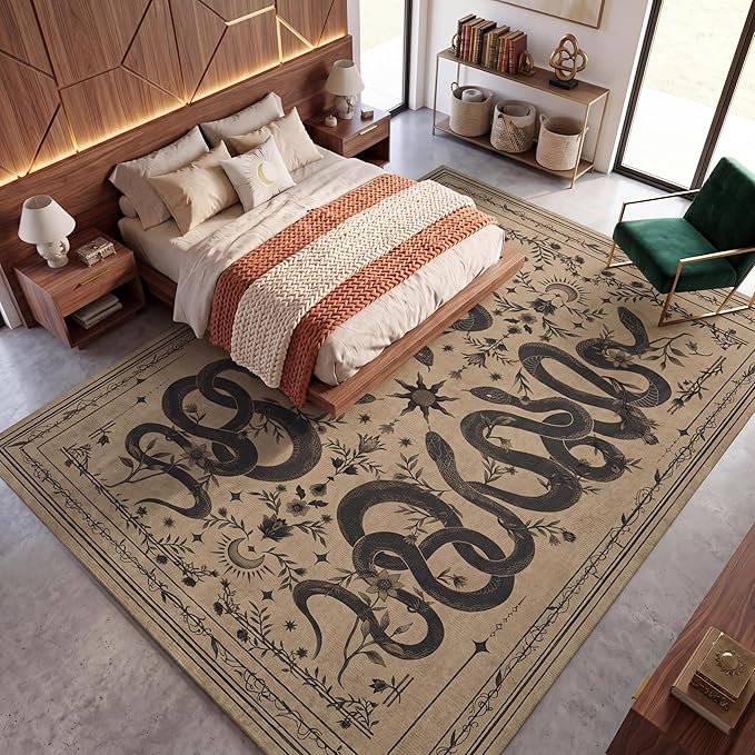 Garvee Snake Gothic Washable Rug 5x7 Dark Whimsical Moody Witchy Unique Soft Thin Carpet for Living Room Bedroom Playroom Indoor Decor Low Pile TPE Backing Taupe