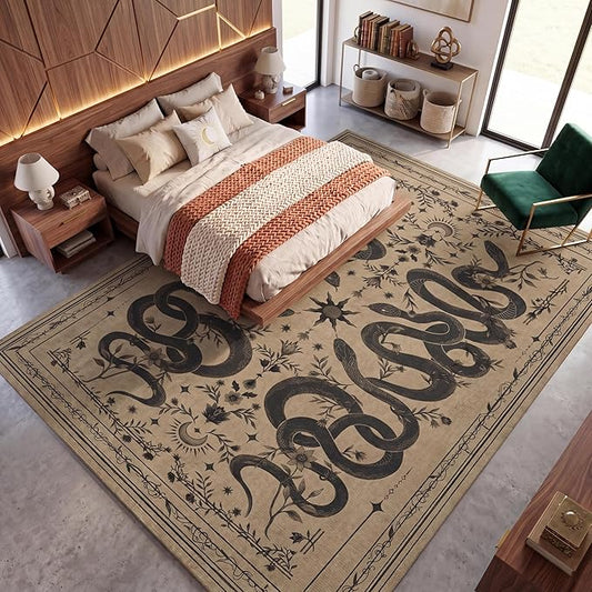 Garvee Snake Gothic 8x10 Area Rug Dark Whimsical Moody Witchy Unique Soft Thin Large Carpet for Living Room Bedroom Dining Room Playroom Indoor Decor Low Pile TPE Backing Taupe