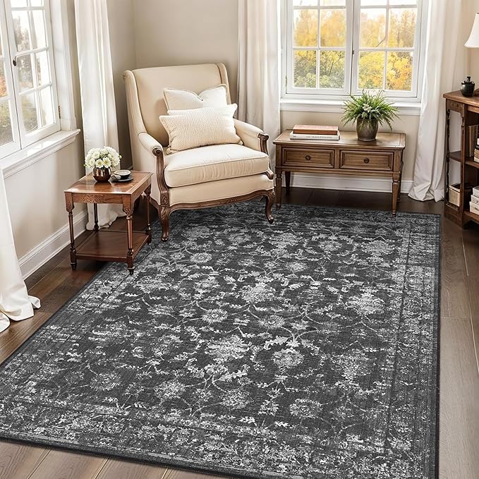 4x5 Black Washable Area Rugs for Living Room Vintage Boho Non Slip Rug Distressed Floral Carpet Indoor Retro Soft Low Pile Farmhouse Throw Rug for Bedroom Dining Room Nursery Office