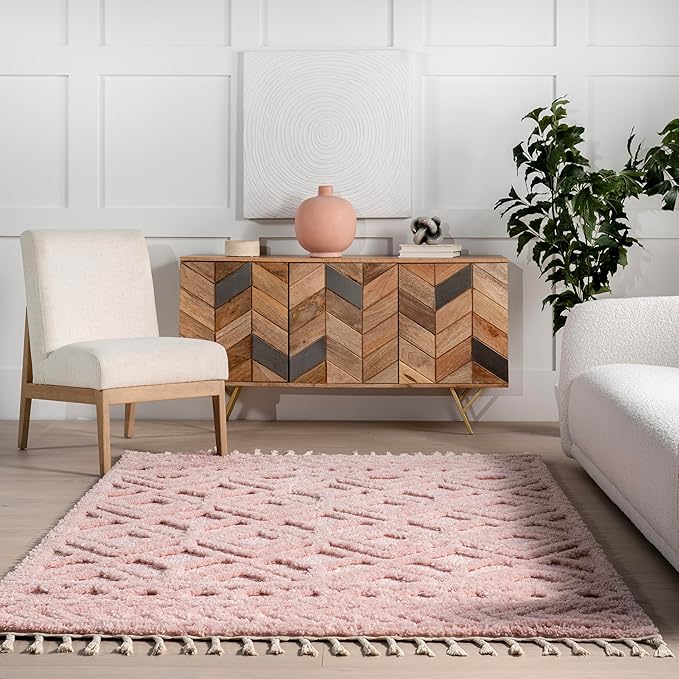 nuLOOM Akia Lattice High/Low Tassel Area Rug, 7'10" x 10', Pink