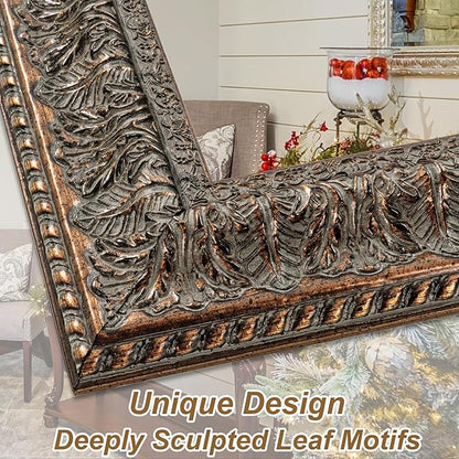 Chende Long Narrow Mirror for Decor, 48" L x 24" W Large Ornate Wall Mirror with Bronze Wood Leaf Frame, Rustic, Elegant Wooden Wall Decoration for Bathroom, Entrance, Fireplace