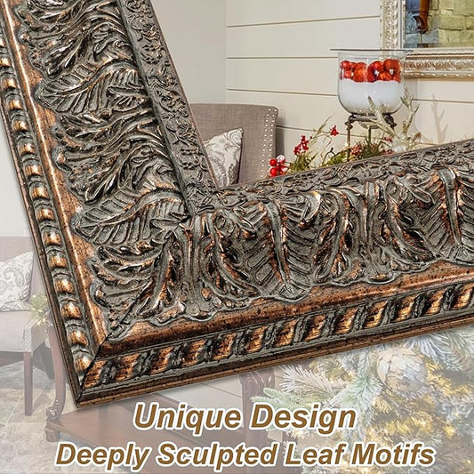 Chende Long Narrow Mirror for Decor, 48" L x 24" W Large Ornate Wall Mirror with Bronze Wood Leaf Frame, Rustic, Elegant Wooden Wall Decoration for Bathroom, Entrance, Fireplace