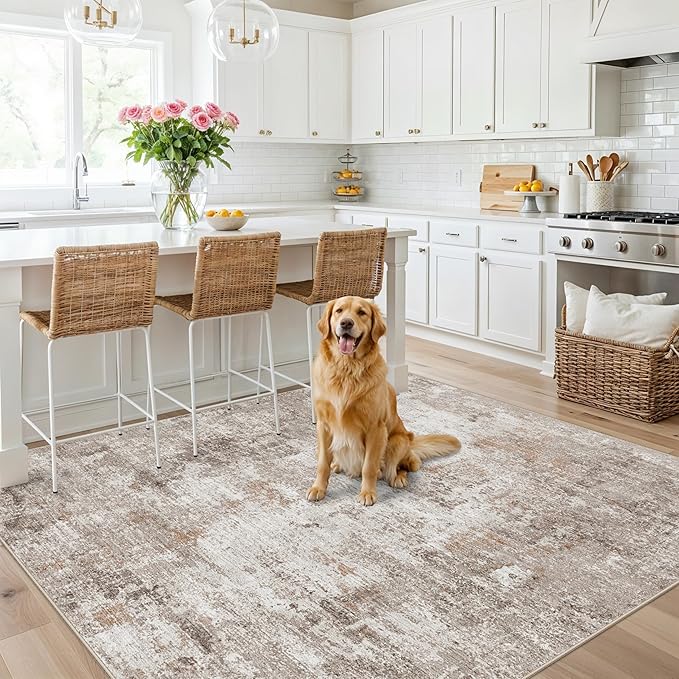 ZHXXUJ Washable 6x6 Square Area Rug – Non Slip Modern Abstract for Kitchen Dining Room Living Room – Low Pile Thin Soft Indoor Rug (Beige Grey)