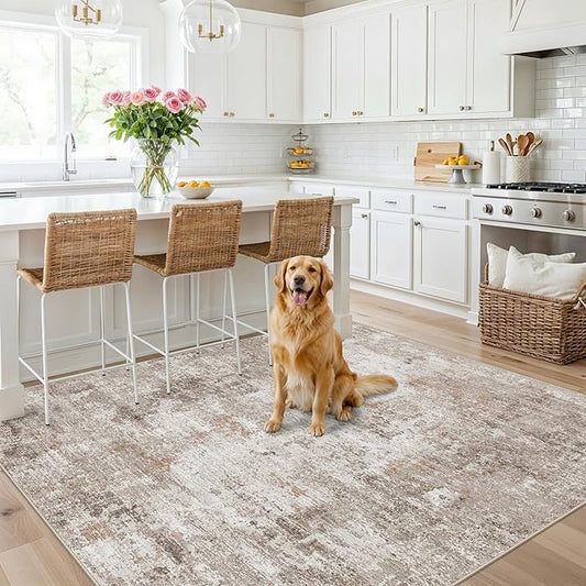 ZHXXUJ Washable 6x6 Square Area Rug – Non Slip Modern Abstract for Kitchen Dining Room Living Room – Low Pile Thin Soft Indoor Rug (Beige Grey)