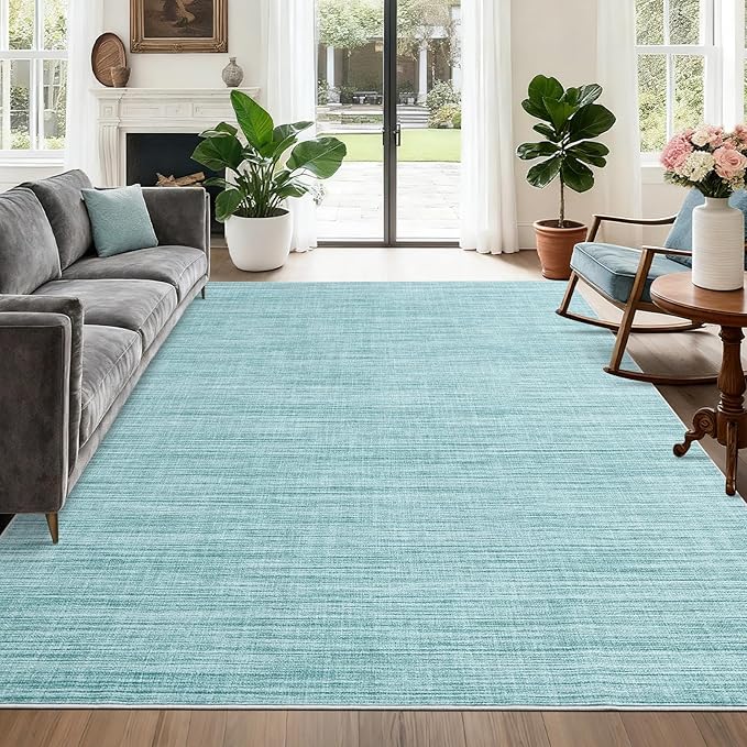 Washable Area Rug 8x10 for Living Room Bedroom Non Slip Minimalist Solid Color Area Rugs Modern Abstract Plain Dining Room Throw Carpet Low Pile Soft Classic Boho Rugs for Kitchen Nursery Oiifce, Blue
