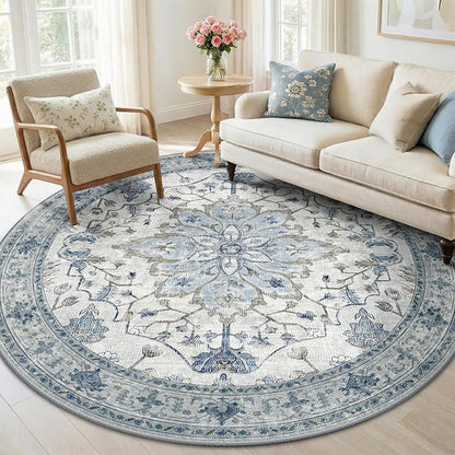 RELEANY Area Rugs Round 6ft Washable Non-Slip, Floral Vintage Distress Print Pattern Medallion Carpet for Living Room Bedroom Dining Room, Light Blue Navy Beige Gray White