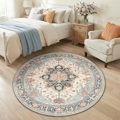 RELEANY Area Rugs Round 4ft Washable Non-Slip, Floral Vintage Distress Print Pattern Medallion Carpet for Living Room Bedroom Dining Room, Beige Navy Blue Orange Colorful