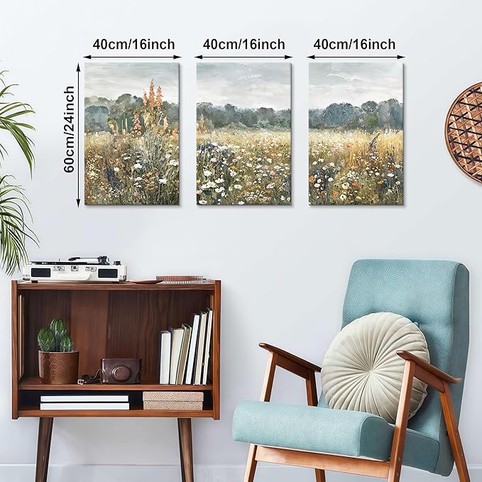 WENGTIAO 3Pcs Spring Wildflower Field Canvas Wall Art Prints Rustic Meadow Landscape Painting Nature Watercolor Flower Pictures Poster Vintage Farmhouse Artwork for Living Room Bedroom 16”x24”x3