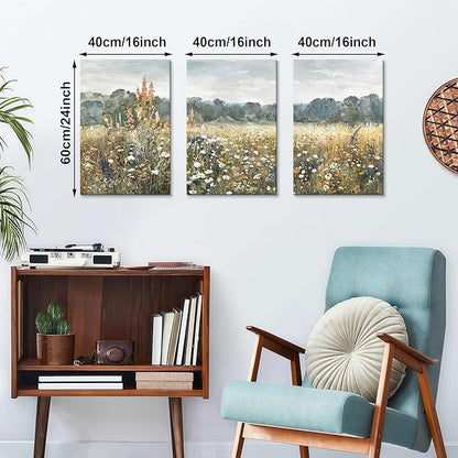 WENGTIAO 3Pcs Spring Wildflower Field Canvas Wall Art Prints Rustic Meadow Landscape Painting Nature Watercolor Flower Pictures Poster Vintage Farmhouse Artwork for Living Room Bedroom 16”x24”x3