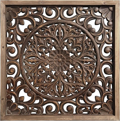 XIAOAIKA Boho Carved Wood Wall Sculpture, Intricate Floral Mandala Design with Distressed Brown Finish, Vintage Farmhouse Wall Art Panel with Solid Wood Frame for Bedroom Entryway (22.5" x 22.5")
