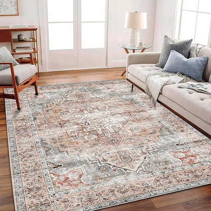 CHAMPLANT Area Rug 6'x9' Light Cyan and Light red Washable Vintage Traditional Floor Cover Thin Retro Kitchen Indoor Distressed Non Slip Carpet for Living Room Bedroom Dining Room