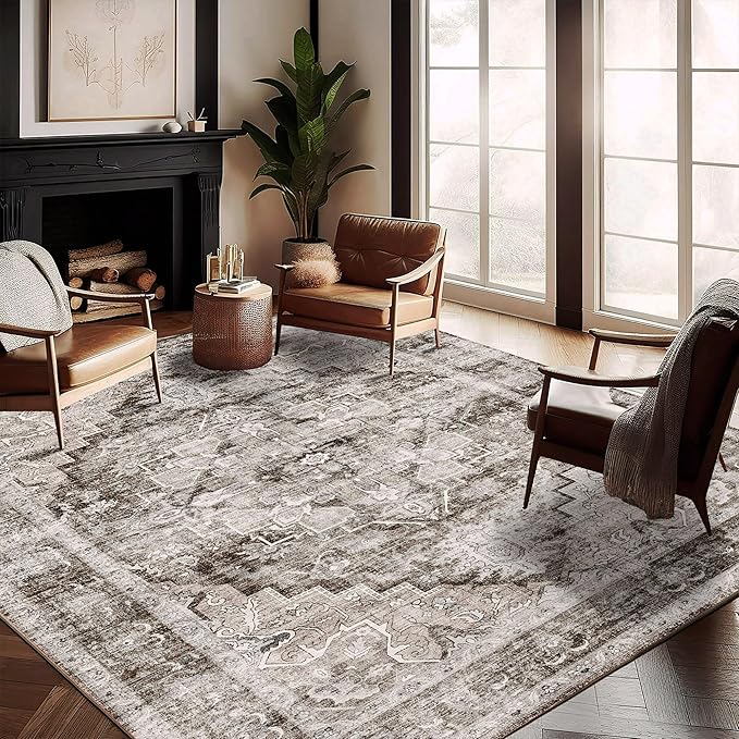 CHAMPLANT Washable Area Rug 8'x10' Deep Khaki Retro Boho Design Non-Shedding Non-Slip Easy Care Ideal for High Traffic Areas in Living Room Bedroom Office Coffee Table Kitchen Large Carpet