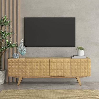 NTC Sapa Mid-Century Modern Solid Wood TV Stand 4-Door Media Console with Carved Geometric Fronts for TVs up to 75", Effortless Assembly, Sand
