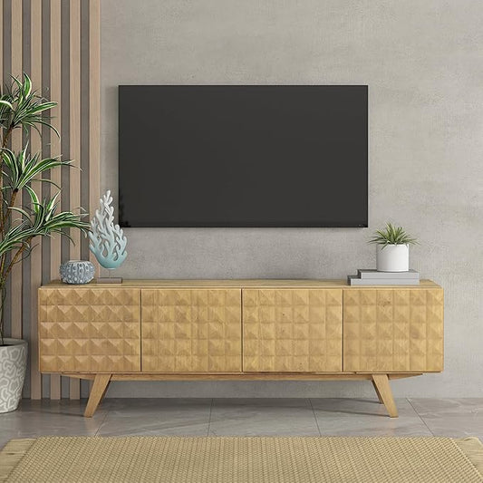 NTC Sapa Mid-Century Modern Solid Wood TV Stand 4-Door Media Console with Carved Geometric Fronts for TVs up to 75", Effortless Assembly, Sand