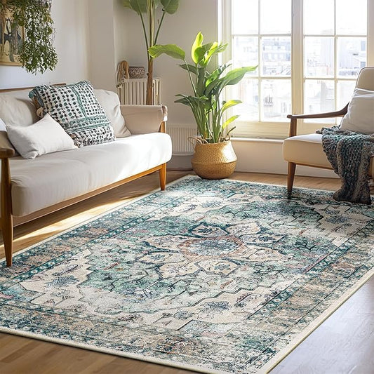 BESTSWEETIE 6x9 Area Rug Washable Rugs for Living Room, No Pile Boho Carpet for Entryway Bedroom Dining Room, Vintage Carpet Print Distressed Non-Slip, 6 x 9 ft, Green