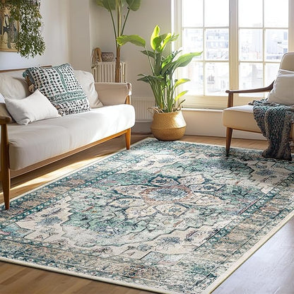 BESTSWEETIE 5x7 Area Rug Washable Rugs for Living Room, No Pile Boho Carpet for Entryway Bedroom Dinning Room, Vintage Carpet Print Distressed Non-Slip, 5 x 7 ft, Green