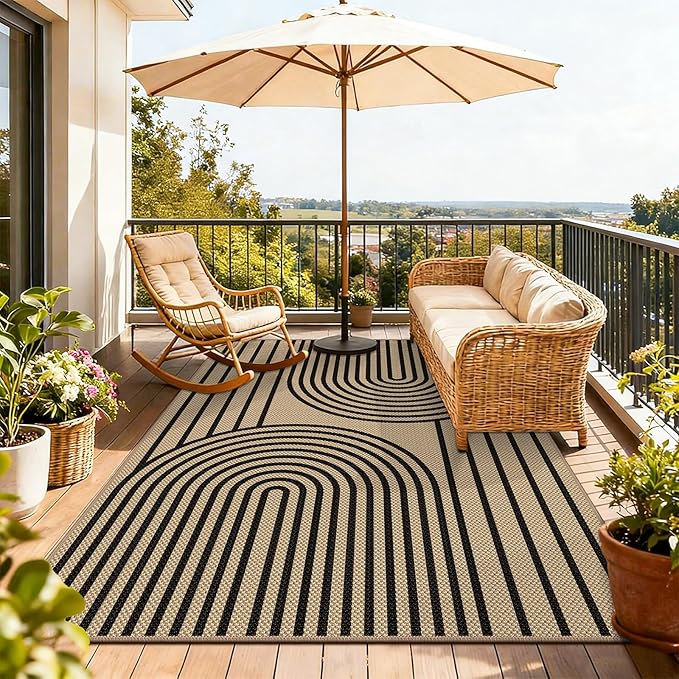 Easy Jute Area Rug, 4' x 6' Washable Rug, Black Farmhouse Ultra-Thin Non-Slip Carpet for Outdoor, Bedroom, Dining Room, Backyard, Home Decor