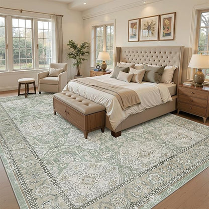 Soalmost 9x12 Area Rugs for Living Room, Non Slip Machine Washable Vintage Rugs, Low Pile Lightweight Large Rug for Bedroom, Dining Room, Home Office Green/Brown