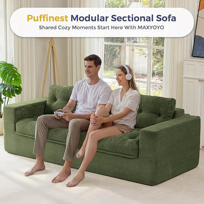 MAXYOYO 79" Loveseat Sofa Couch for Small Spaces, Upholstered Boneless Cloud Couch for Apartment Bedroom, 3-Seater Love Seat Floor Modern Sofa with Pillows, No Assembly Required, Dark Green