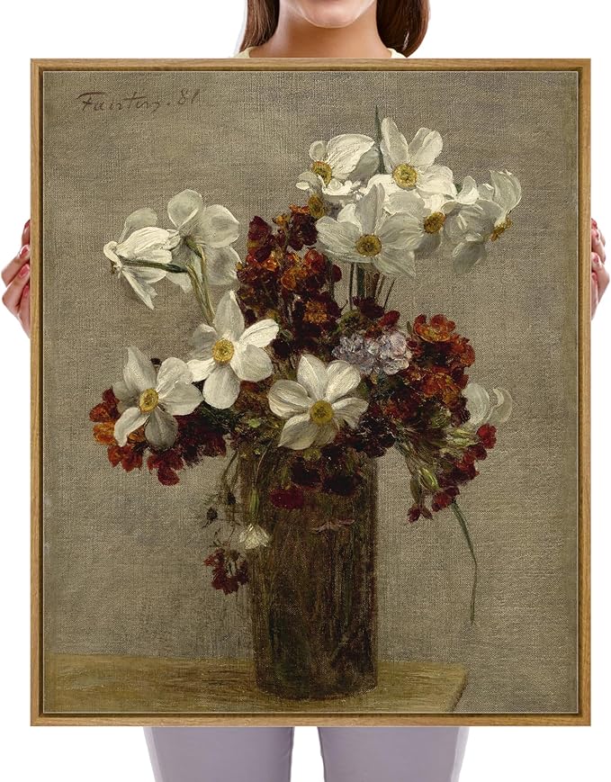 Pyradecor Vintage Wall Art Retro Large Framed Living Room Decor Narcisses Flowers in Vase Canvas Prints Classical Floral Painting for Kitchen Farmhouse Office Decorations AH1111-5060NW