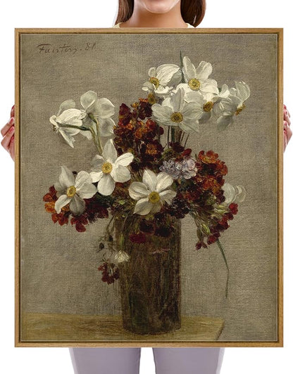 Pyradecor Vintage Wall Art Retro Large Framed Living Room Decor Narcisses Flowers in Vase Canvas Prints Classical Floral Painting for Kitchen Farmhouse Office Decorations AH1111-5060NW