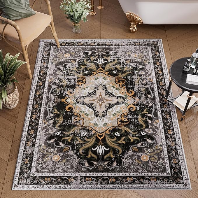 RUSHUFFY 2x3 Washable Small Rug Door Mat, Rugs for Entryway, Vintage Boho Distressed Print Pattern Non-Slip Carpet, Throw Rug for Indoor Entrance Kitchen Bedroom Bathroom Laundry Floor, Black & Gold