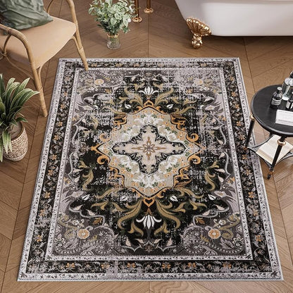 RUSHUFFY 2x3 Washable Small Rug Door Mat, Rugs for Entryway, Vintage Boho Distressed Print Pattern Non-Slip Carpet, Throw Rug for Indoor Entrance Kitchen Bedroom Bathroom Laundry Floor, Black & Gold