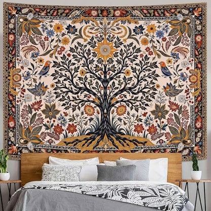 Lunerfex Folk Art Wall Tapestry - Tree of Life with Sun and Bird Wall Hanging for Bedroom and Living Room - Boho Floral Tapestries 90"x70"