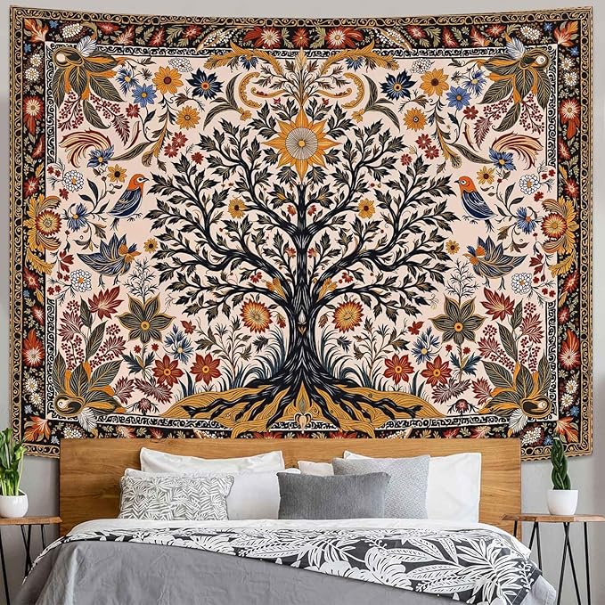 Lunerfex Folk Art Wall Tapestry - Tree of Life with Sun and Bird Wall Hanging for Bedroom and Living Room - Boho Floral Tapestries 48"x36"