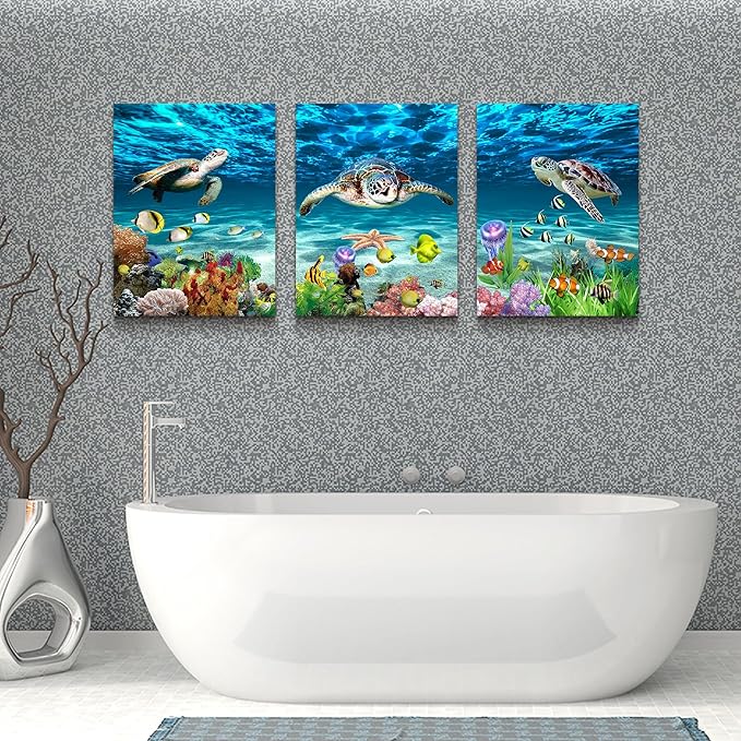 Lapremoly Family Wall Decor for Living Room Canvas Wall Art for Bedroom Bathroom Wall Decoration Ocean Sea Turtle Scenery Paintings Modern Pictures Artwork office Ready to Hang Home Decor 3 Pieces