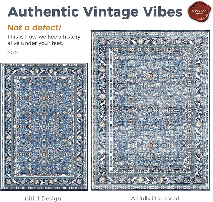 OPPODREAM Vintage Blue Round Rug 3ft, 3 ft Retro Washable Circle Rug Non Slip, Low-Pile Faux Wool Circular Carpet, Distressed Navy Floor Mat for Living Room, Bedroom, Office, Dorm, Dinning Room