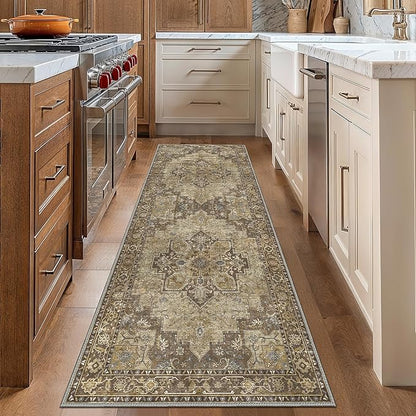 GENIMO 3x7 Runner Rugs for Hallway, Machine Washable Non Slip Vintage Rugs, Low Pile Lightweight Soft Print Rug for enrtyway, Corridor, Home Office, Kitchen, Rustic Brown