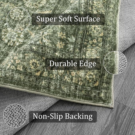 Morebes Vintage Kitchen Runner Rugs Non Skid Washable, Floral Boho 2.5x8 Runner Rug, Non Shedding Runner Rugs for Hallway Indoor Floor Carpet Runner for Laundry Room Bedroom, Grayish Green
