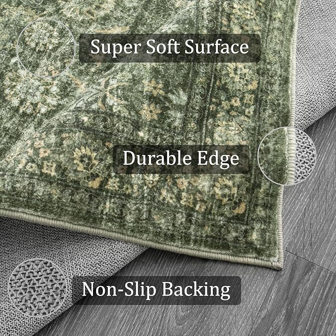 Morebes 5 x 7 Area Rugs Washable Rug Boho Soft Living Room Rugs, Non-Slip Non-Shedding Distressed Large Vintage Rug for Bedroom Farmhouse Dining Room Indoor Playroom,Grayish Green