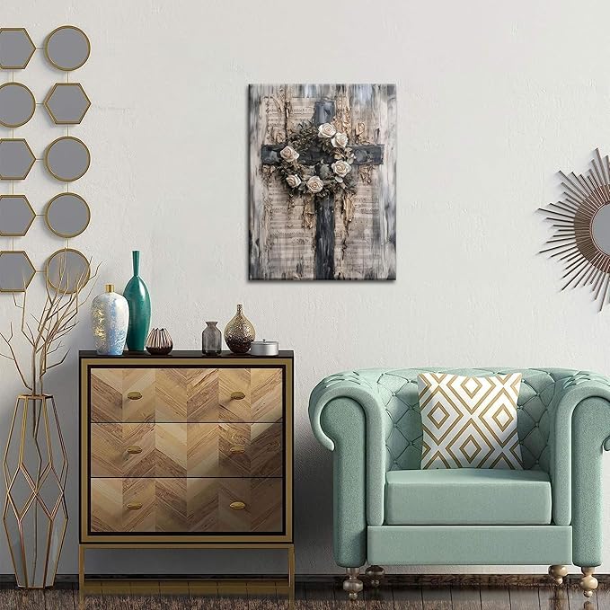 Vintage Cross Christian Wall Art, White Rose Wreath Canvas Paintings Prints Posters Wall Decor, Retro Religious Music Score Church Decor Suitable for Study Prayer Room 24x36 in Framed