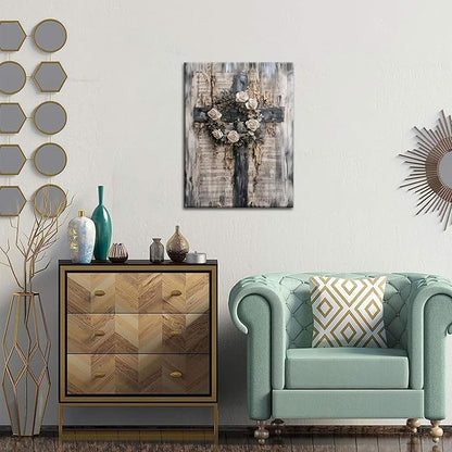 Vintage Cross Christian Wall Art, White Rose Wreath Canvas Paintings Prints Posters Wall Decor, Retro Religious Music Score Church Decor Suitable for Study Prayer Room 16x24 in Framed