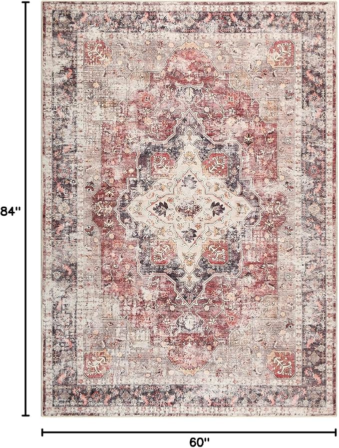 YOH Boho Washable Rug 5x7, Rust Red Vintage Non Slip Area Rug, Distressed Indoor Carpet for Living Room Bedroom Kitchen Office