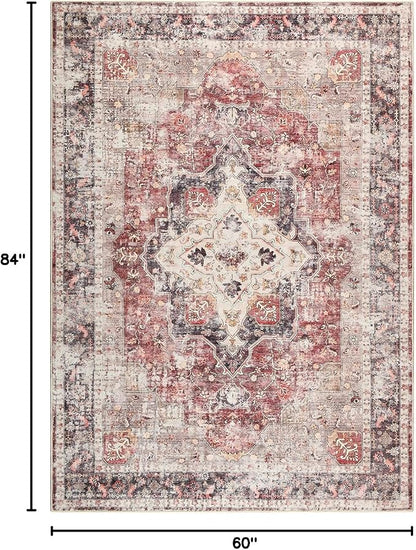 YOH Boho Washable Rug 5x7, Rust Red Vintage Non Slip Area Rug, Distressed Indoor Carpet for Living Room Bedroom Kitchen Office