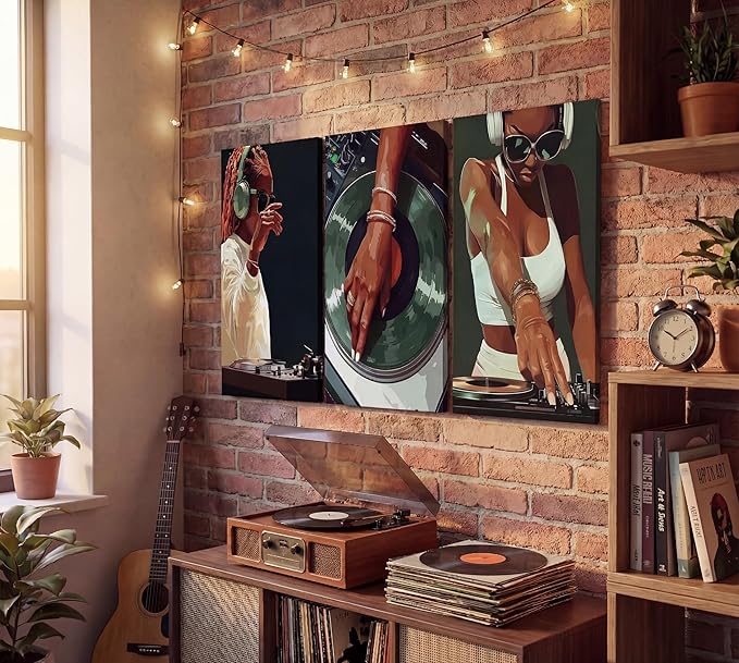 3pcs Trendy Black Girly Dj Canvas Wall Art Fashion African American Black Women Wall Decor Pictures Muisc Record Posters Prints Paintings for Bedroom Living Room Decoration Prepare To Hang