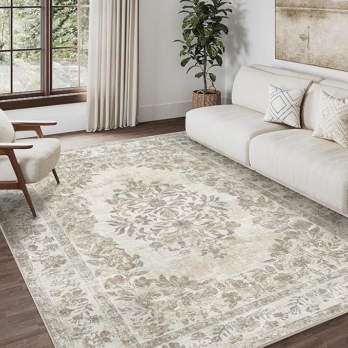 PureCozy 5x7 Area Rug Beige Washable Vintage Distressed Living Room Carpet Large Bedroom Indoor Medallion Floral Non Slip Retro Throw Floor Mat for Office Dining Room Kitchen Bathroom