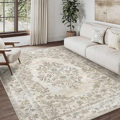PureCozy 5x7 Area Rug Beige Washable Vintage Distressed Living Room Carpet Large Bedroom Indoor Medallion Floral Non Slip Retro Throw Floor Mat for Office Dining Room Kitchen Bathroom