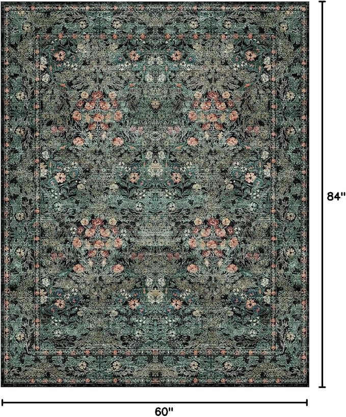 Dark Green Boho 5x7 Area Rugs for Bedroom Aesthetic, Washable Floral Rug for Living Room, Nursery - Low Pile Non Slip French Country Carpet for Dining Room Under Table - Botanical Mat for Indoor