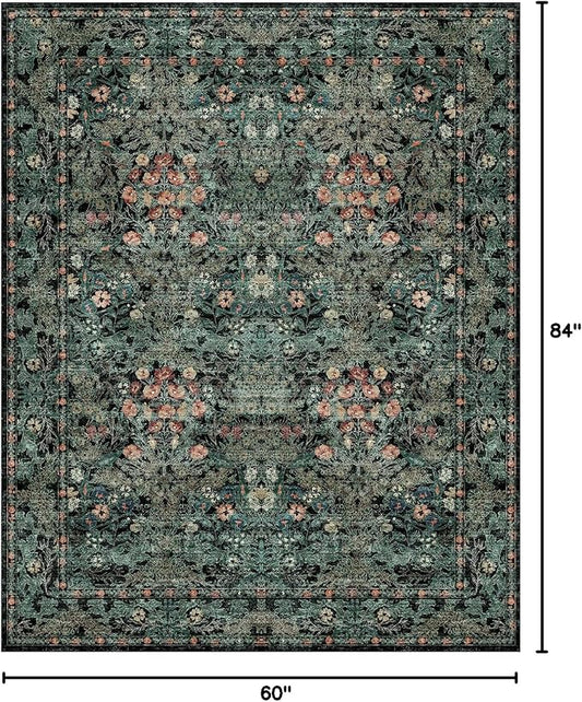 Dark Green Boho 5x7 Area Rugs for Bedroom Aesthetic, Washable Floral Rug for Living Room, Nursery - Low Pile Non Slip French Country Carpet for Dining Room Under Table - Botanical Mat for Indoor