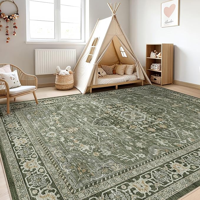 6x9 Area Rug Living Room: Washable Boho Large Neutral Vintage Soft Rug Stain Resistant Farmhouse Non-Slip Indoor Floor Carpet for Bedroom Nursery Kids Playroom Office Dining Room Home- Dark Green