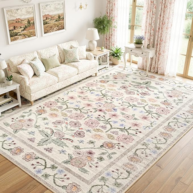 Maxsoft 6x9 Area Rugs for Living Room Bedroom, Floral Vintage Large Rug with Rubber Backing: Soft Non-Slip and Washable Low Pile Throw Carpet for Dining Room Kitchen Home Decor, Pink