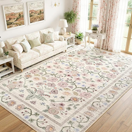 Maxsoft 4x6 Area Rugs for Living Room Bedroom, Floral Vintage Large Rug with Rubber Backing: Soft Non-Slip and Washable Low Pile Throw Carpet for Dining Room Kitchen Home Decor, Pink