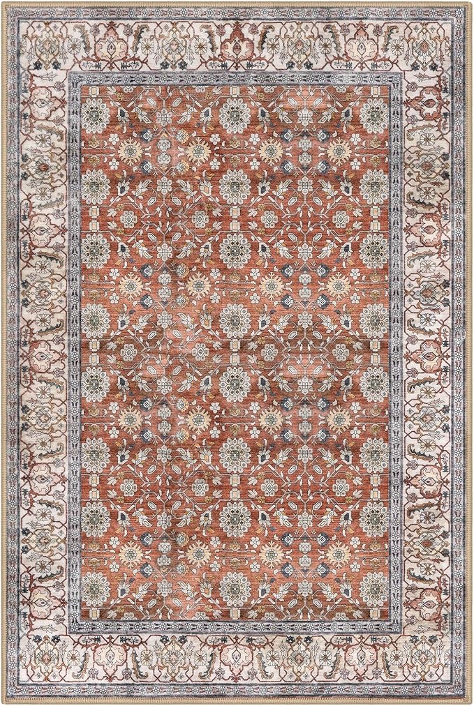 KUTA Vintage Floral 9x12 Area Rug, Large Washable Rugs for Living Room Non Slip, Red Clay Ultra Thin Soft Print Distressed Flower Low-Pile Traditional Carpet for Bedroom Dining Room Dorm Office
